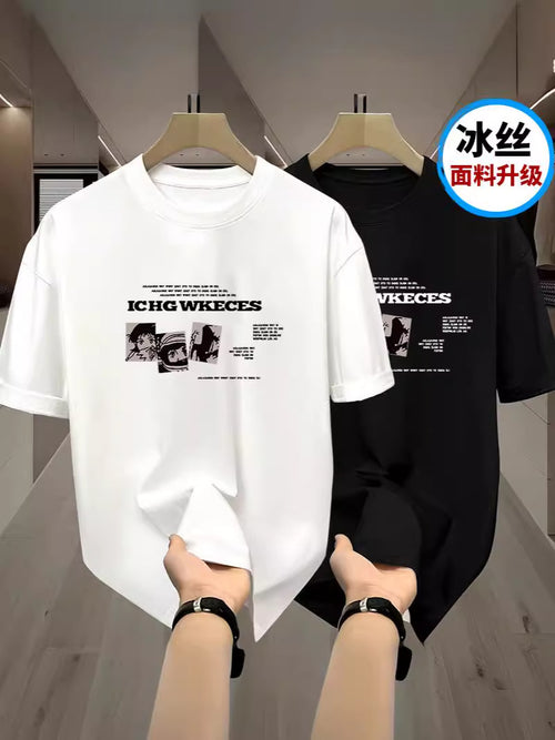 Cross-Border Dropshipping Ice Silk T-Shirt For Men, Heavyweight Trendy Short-Sleeve Anime Brand High-Weight American-Style Short-Sleeve T-Shirt